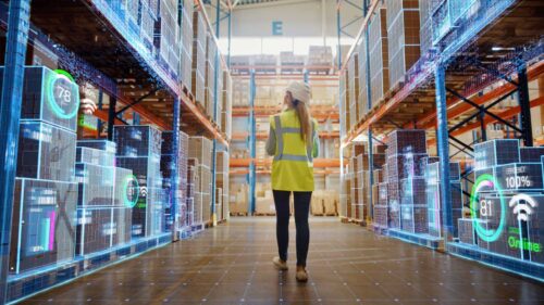 A warehouse worker examining inventory in a digital system